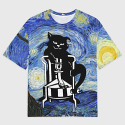 Мужская футболка оверсайз Кот Бегемот на примусе в Звездной ночи