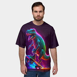 Футболка оверсайз мужская Тиранозавр в кроссовках на скейте - неон, цвет: 3D-принт — фото 2