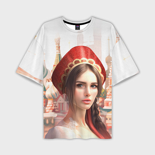 Мужская футболка оверсайз Девушка в кокошнике с косой - кремль / 3D-принт – фото 1