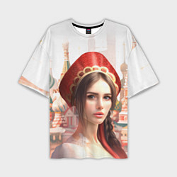 Мужская футболка оверсайз Девушка в кокошнике с косой - кремль