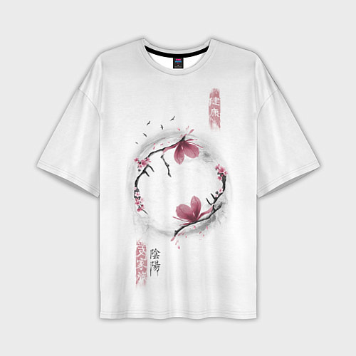 Мужская футболка оверсайз Ветки цветущей сакуры / 3D-принт – фото 1
