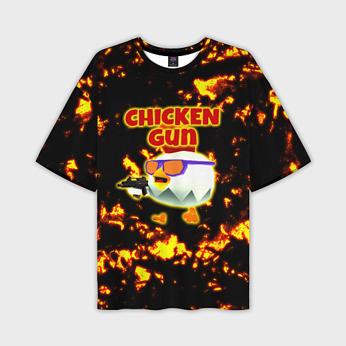 Мужская футболка оверсайз Chicken Gun на фоне огня / 3D-принт – фото 1