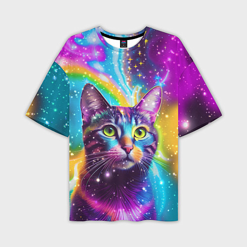 Мужская футболка оверсайз Полосатый кот с разноцветной звездной туманностью / 3D-принт – фото 1
