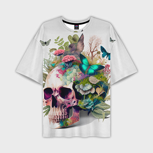 Мужская футболка оверсайз Красивый череп с листьями и бабочками / 3D-принт – фото 1