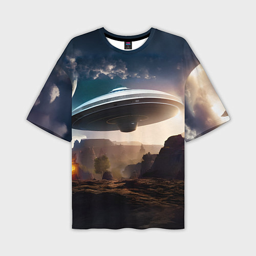 Мужская футболка оверсайз НЛО над горами / 3D-принт – фото 1