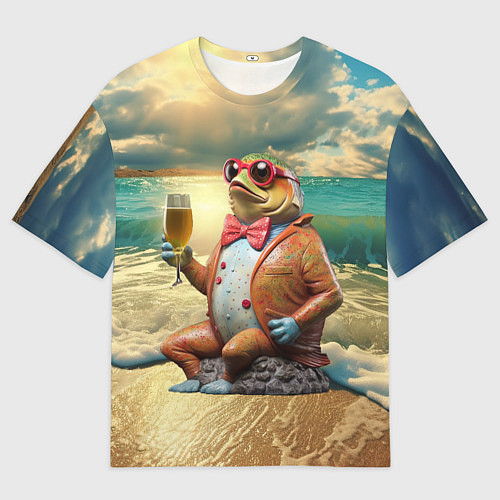 Мужская футболка оверсайз Карп на берегу пьет пиво / 3D-принт – фото 1