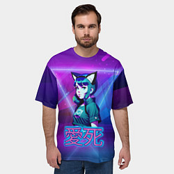 Футболка оверсайз мужская Неоновая девочка-кошка, цвет: 3D-принт — фото 2