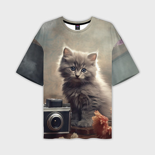Мужская футболка оверсайз Серый котенок, винтажное фото / 3D-принт – фото 1