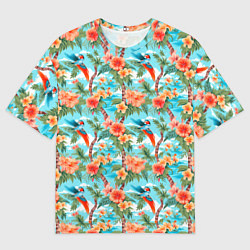 Футболка оверсайз мужская Паттерн цветы и попугаи, цвет: 3D-принт