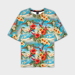 Мужская футболка оверсайз Светлый гавайский фон и цветы