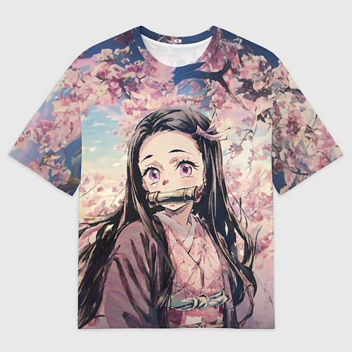 Мужская футболка оверсайз Портрет Нэдзуко Камадо с Сакурой / 3D-принт – фото 1