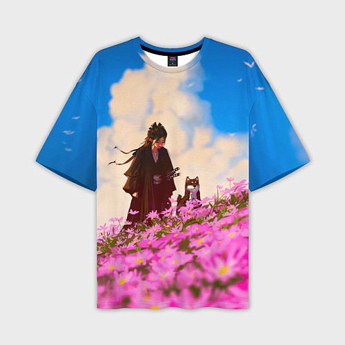 Мужская футболка оверсайз Девушка самурай и сиба ину / 3D-принт – фото 1