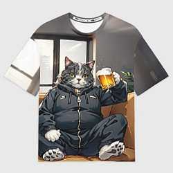 Мужская футболка оверсайз Толстый кот со стаканом пива