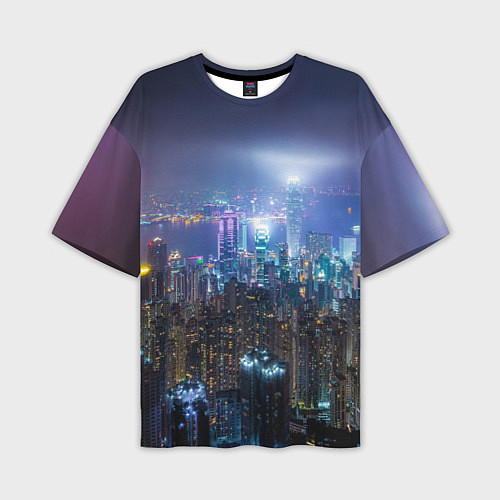 Мужская футболка оверсайз Большой город в розово-голубых огнях / 3D-принт – фото 1