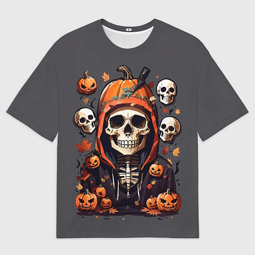 Мужская футболка оверсайз Хэллоуин скелет с тыквами / 3D-принт – фото 1