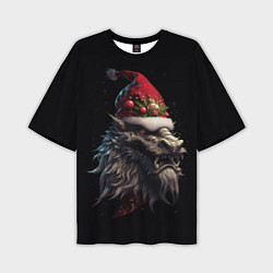 Мужская футболка оверсайз Дракон в шапке Санта Клауса: арт нейросети