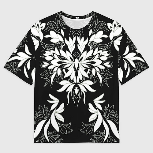 Мужская футболка оверсайз Цветы орнамент чб / 3D-принт – фото 1