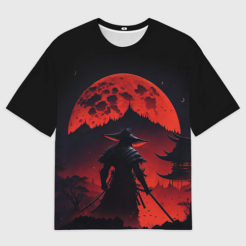 Мужская футболка оверсайз Самурай, деревня и луна - мрачный / 3D-принт – фото 1