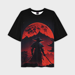 Мужская футболка оверсайз Самурай, деревня и луна - мрачный
