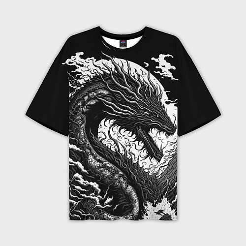 Мужская футболка оверсайз Черно-белый дракон и волны / 3D-принт – фото 1
