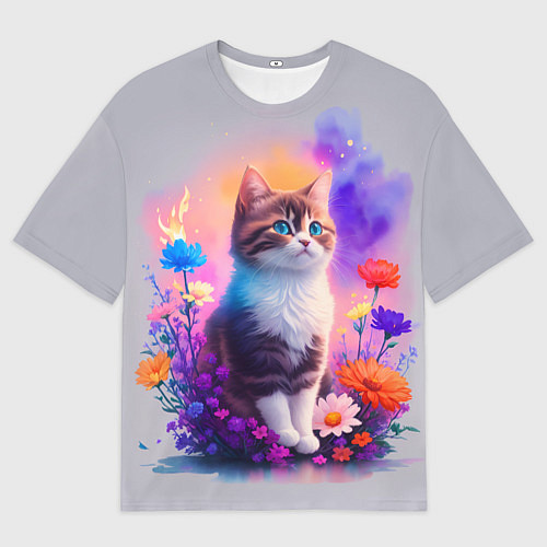 Мужская футболка оверсайз Котик и акварель / 3D-принт – фото 1