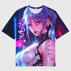 Мужская футболка оверсайз Кибер-девушка неон аниме