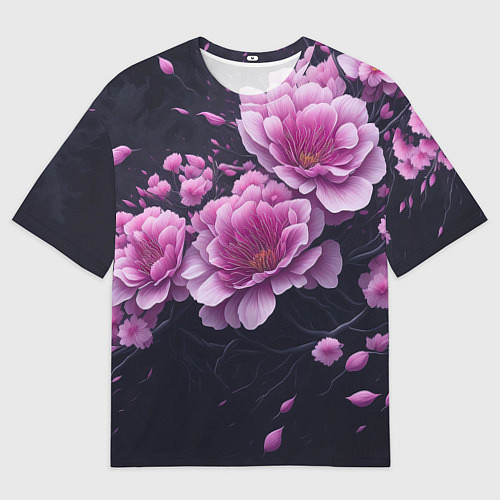 Мужская футболка оверсайз Ветки цветущей розовой сакуры / 3D-принт – фото 1