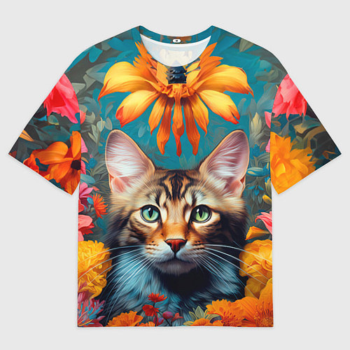 Мужская футболка оверсайз Дикая кошка в цветах / 3D-принт – фото 1