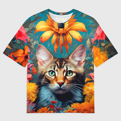 Мужская футболка оверсайз Дикая кошка в цветах