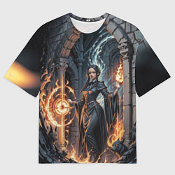 Мужская футболка оверсайз Ведьма с черными собаками и огонь в руинах