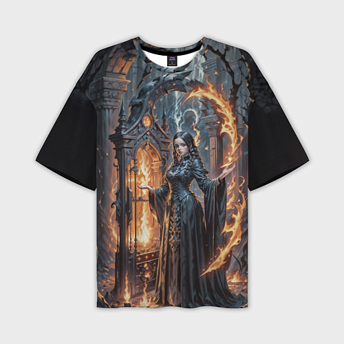 Мужская футболка оверсайз Готическая ведьма и огонь в подземелье / 3D-принт – фото 1
