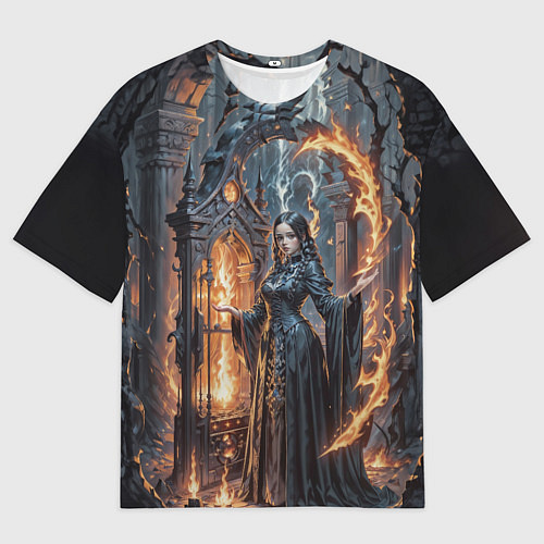 Мужская футболка оверсайз Готическая ведьма и огонь в подземелье / 3D-принт – фото 1