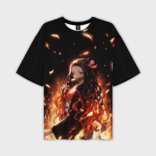 Мужская футболка оверсайз Незуко и пламя - клинок / 3D-принт – фото 1