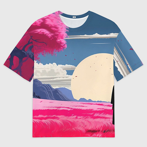Мужская футболка оверсайз Самурай в поле на закате / 3D-принт – фото 1