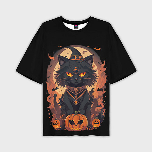 Мужская футболка оверсайз Черный кот в хеллоуине / 3D-принт – фото 1