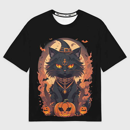 Мужская футболка оверсайз Черный кот в хеллоуине / 3D-принт – фото 1