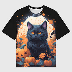 Мужская футболка оверсайз Котик и тыквы - хеллоуин