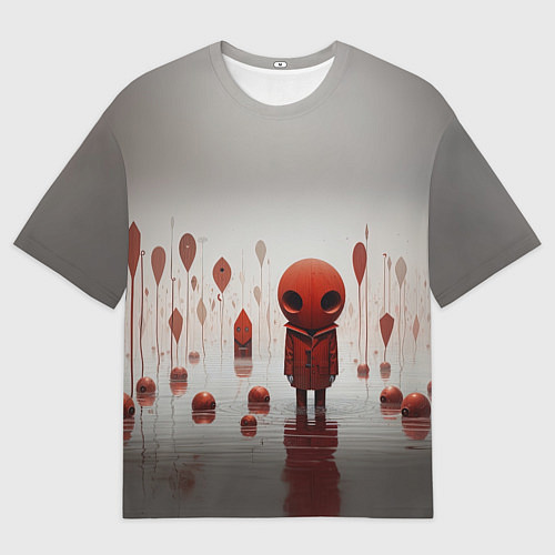 Мужская футболка оверсайз Красный человечек на пруду / 3D-принт – фото 1