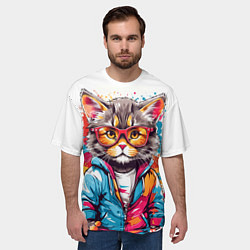 Футболка оверсайз мужская Котик в очках - брызги красок, цвет: 3D-принт — фото 2