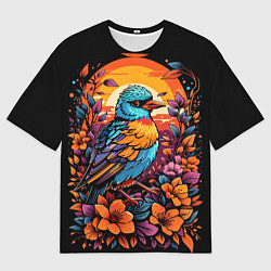 Мужская футболка оверсайз Тропическая птица и листья