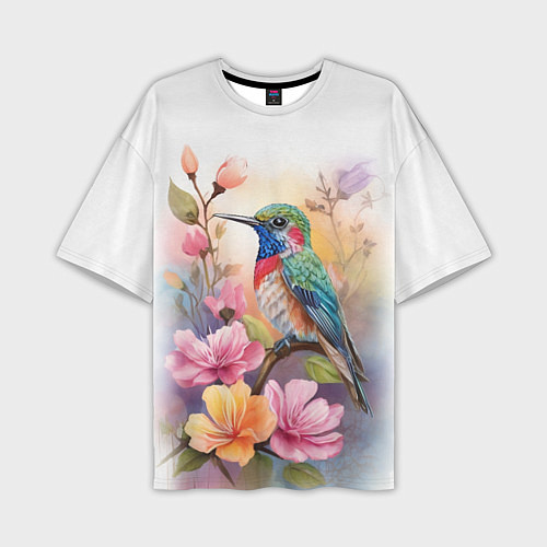 Мужская футболка оверсайз Колибри и цветы - акварель / 3D-принт – фото 1