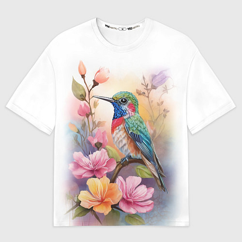 Мужская футболка оверсайз Колибри и цветы - акварель / 3D-принт – фото 1
