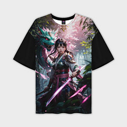 Мужская футболка оверсайз Японская девушка и дракон