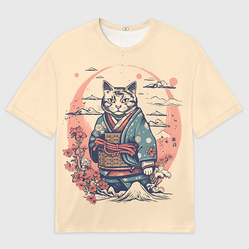 Мужская футболка оверсайз Кот-самурай / 3D-принт – фото 1