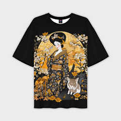 Мужская футболка оверсайз Японская гейша с кошкой