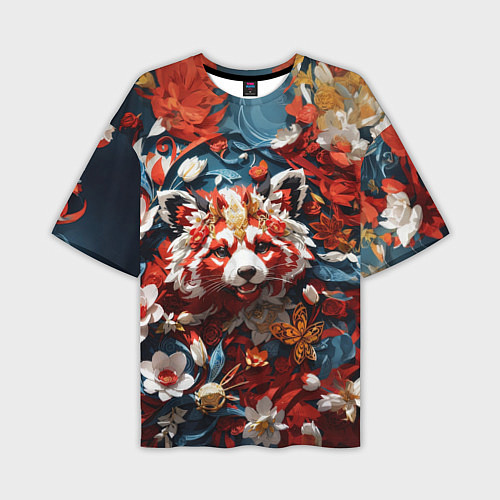 Мужская футболка оверсайз Красная панда в цветах / 3D-принт – фото 1