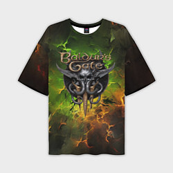 Мужская футболка оверсайз Baldurs Gate 3 logo dark green fire