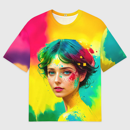 Мужская футболка оверсайз Девушка с зелёными глазами в брызгах краски / 3D-принт – фото 1