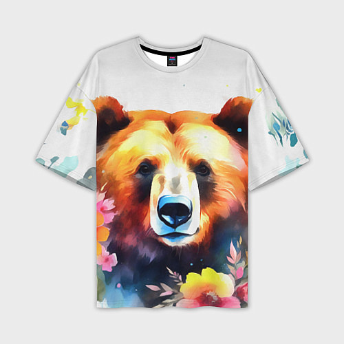 Мужская футболка оверсайз Морда медведя гризли с цветами акварелью / 3D-принт – фото 1