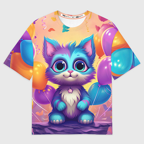 Мужская футболка оверсайз Котик с воздушными шариками / 3D-принт – фото 1